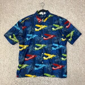 Wright Bro Hawaiian Shirt Mens XL Blue Beach Island Flying Pilot Airplane Plane